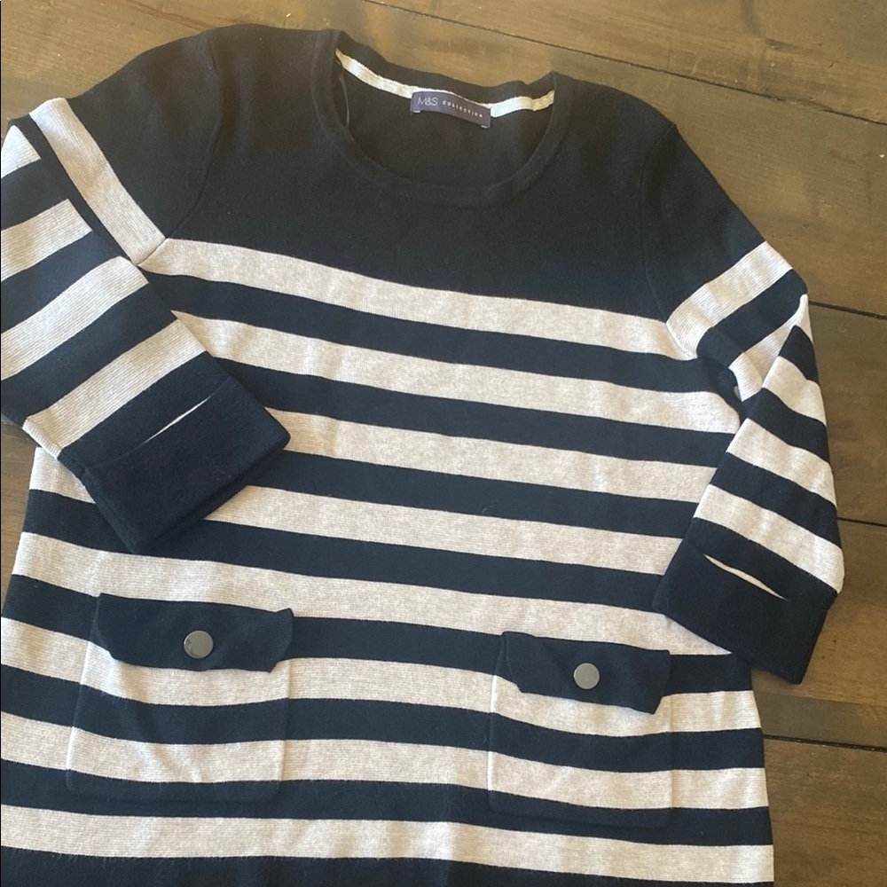 M&S Collection Striped Pocket Sweater Womens Size 10 Black White Nautical Cotton